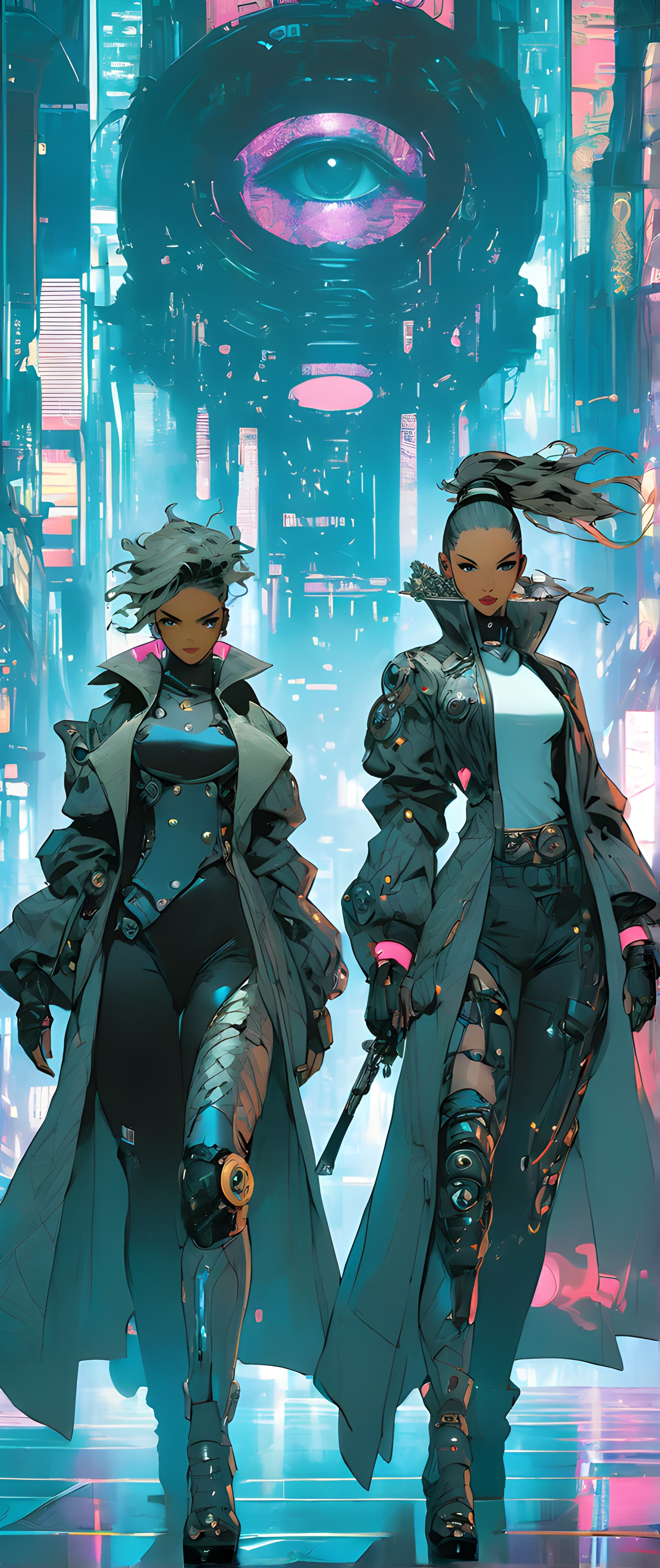 AI generated: Two women in meticulously tailored cyberpunk-style outfits, each piece of attire is a testament to i...