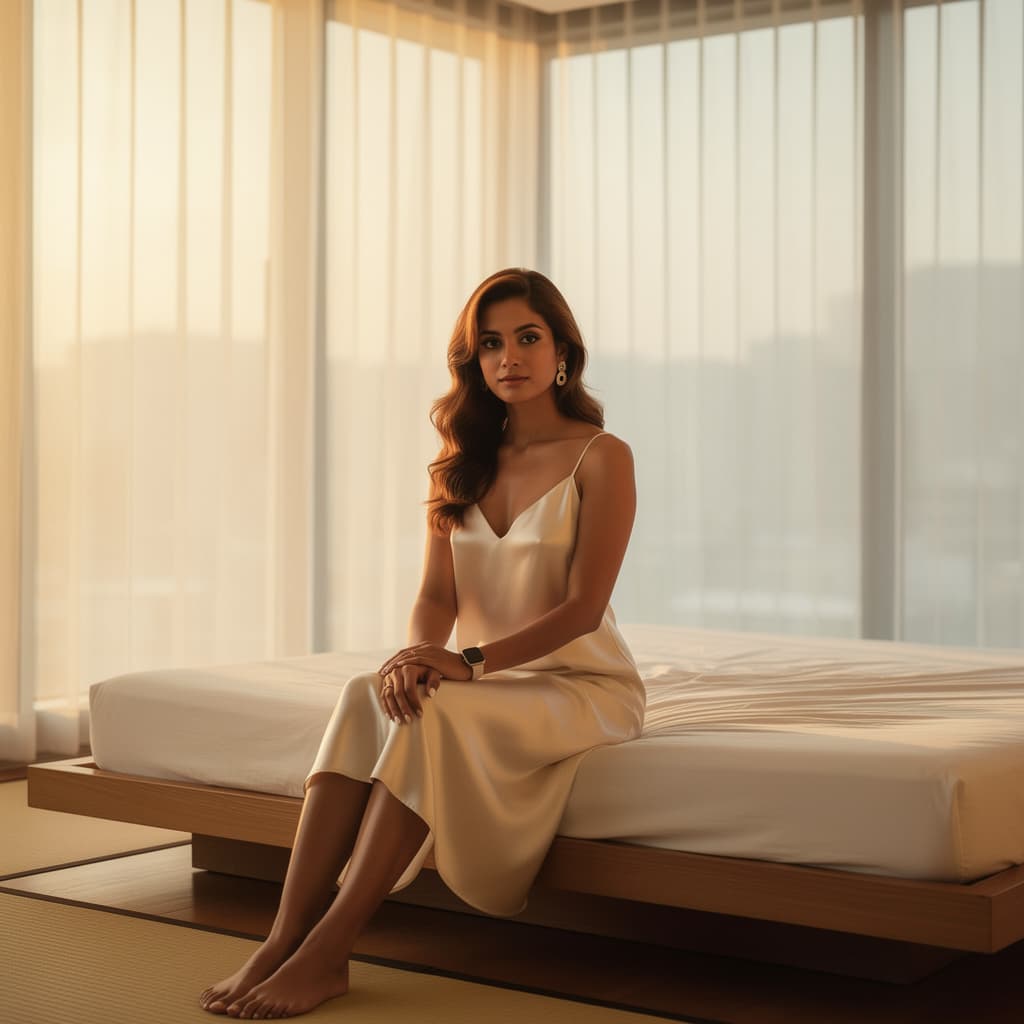 AI generated: In a tranquil minimalist bedroom, a poised woman sits on a low modern platform bed, serene and self ...