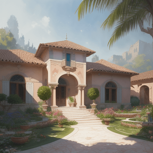 AI generated: watercolor rendering of an Mediterranean style, home with gardens, Watercolor, trending on artstatio...