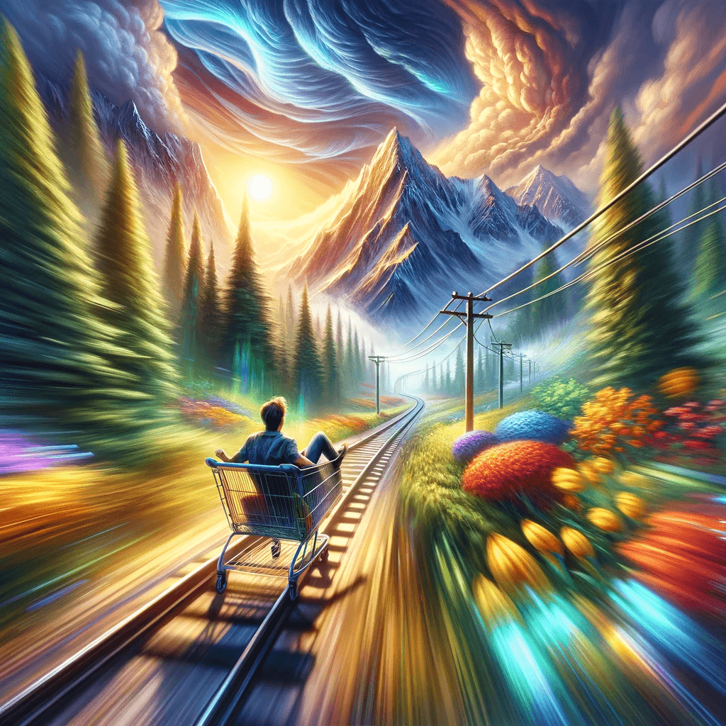 AI generated: An exhilarating scene of a person sitting in a shopping cart, hurtling down train tracks at high spe...
