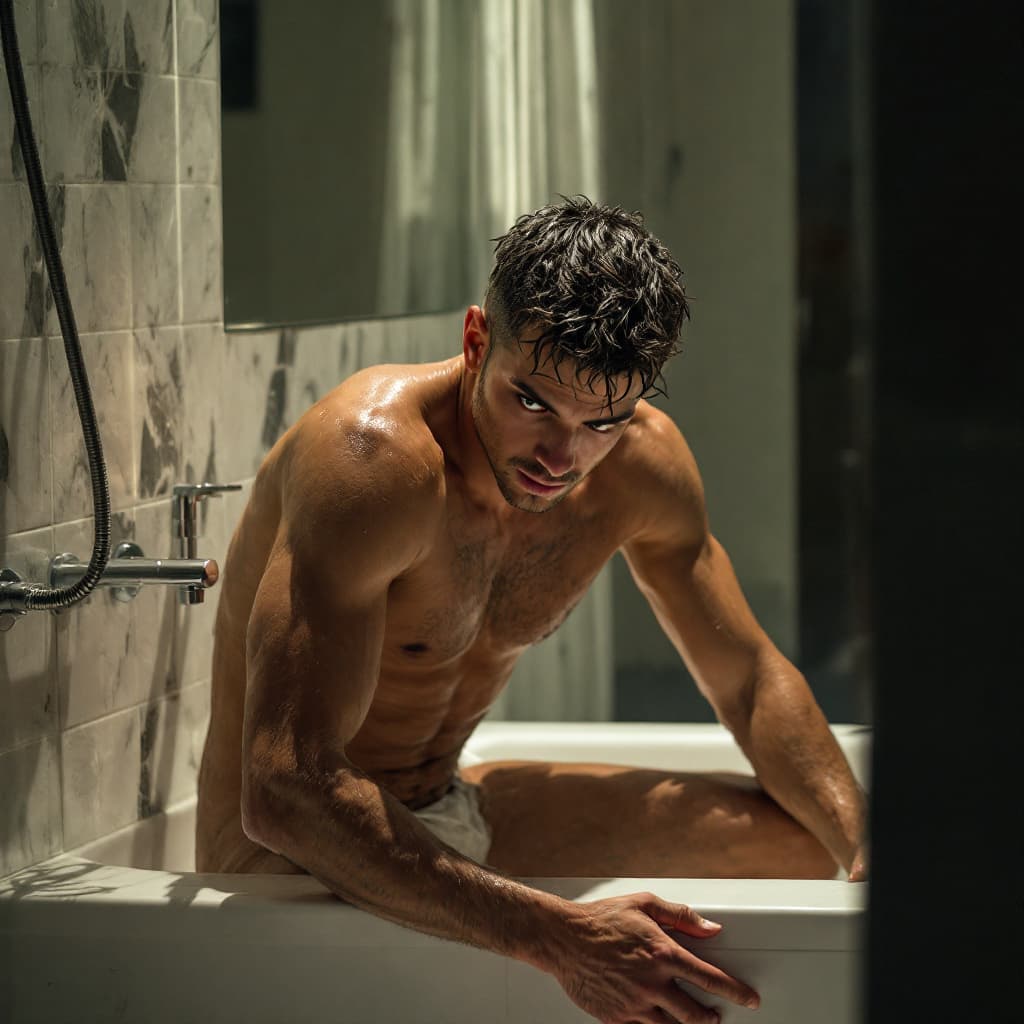 AI generated: Man anda boy in the bathroom, naked, soft and medium wood, dark boy, realistic. Sample penis.