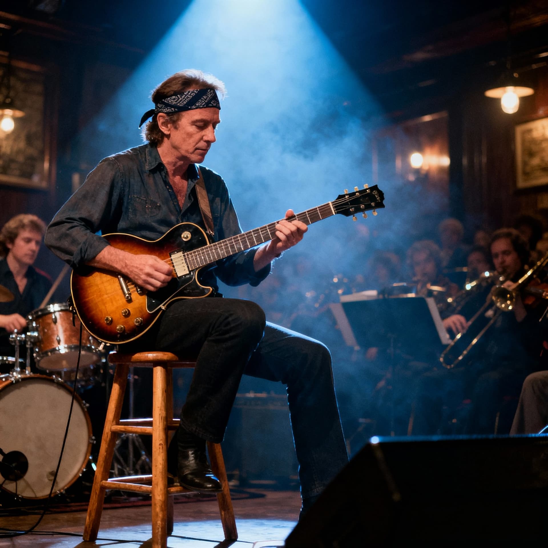 AI generated: Mark Knopfler performing live on stage in the 1980s, sitting on a wooden stool, wearing a headband, ...