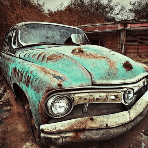 AI generated: The image features a very old looking car from a garage, its engine cover is rusted, its tires are w...