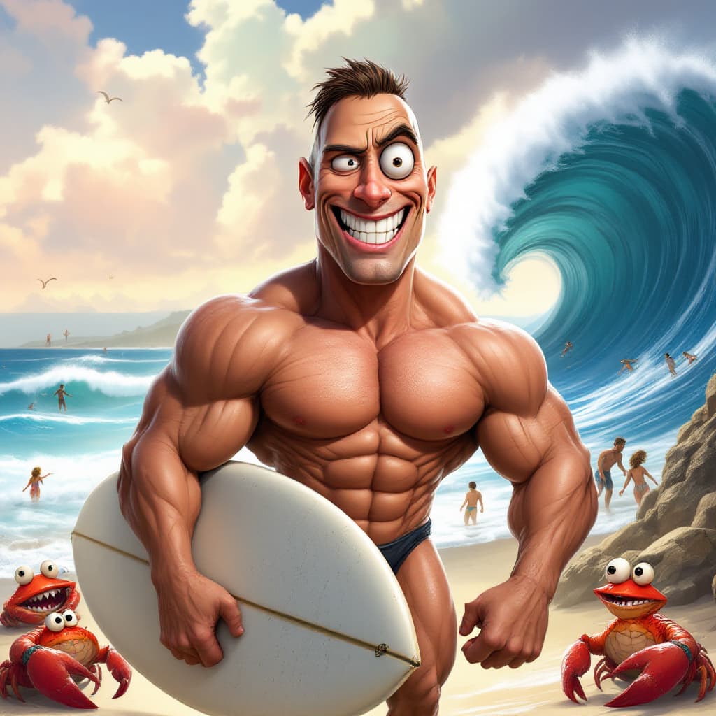 AI generated:  a humorous, exaggerated caricature of Dwayne Johnson. His face has oversized, intense eyes with one...