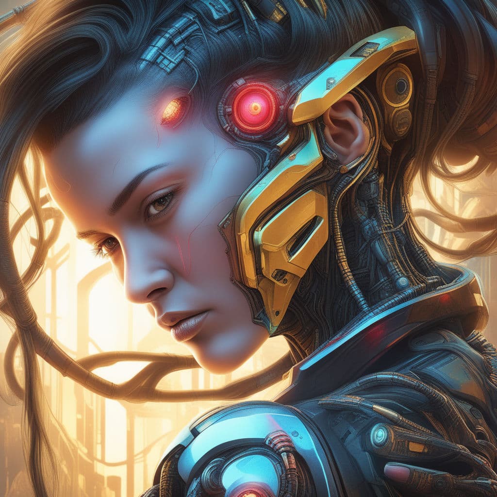 AI generated: intricate portrait of a multi coloured cyberpunk, cyborg ,killer robot, detailed, realistic, 8k uhd,...