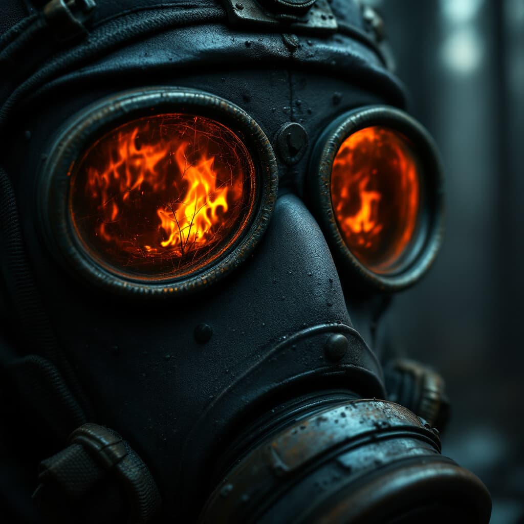 AI generated: A close-up shot of a Chernobyl liquidator's gas mask, filling the frame with gritty, realistic detai...