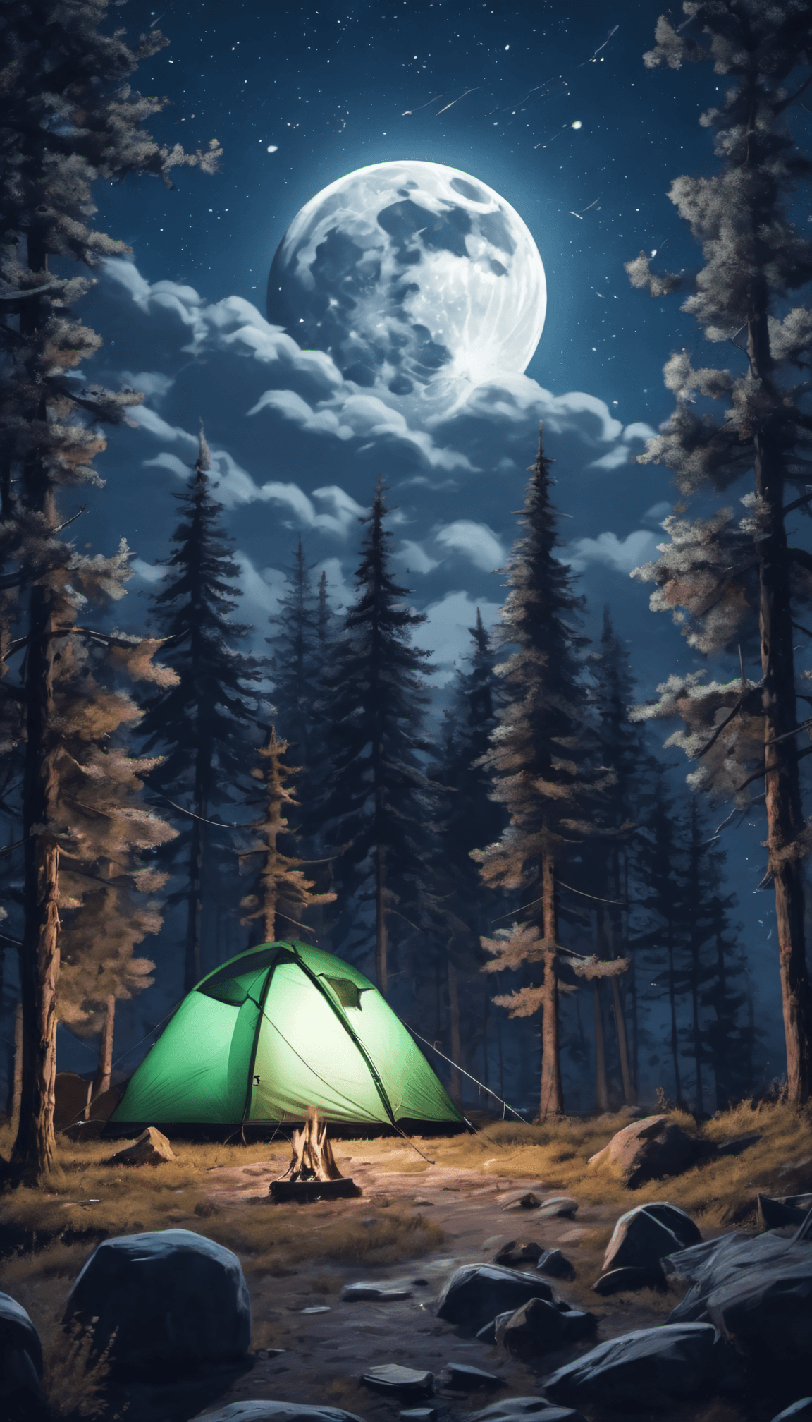 AI generated: Close-up of The Full Moon, Camping under the Starry Sky
