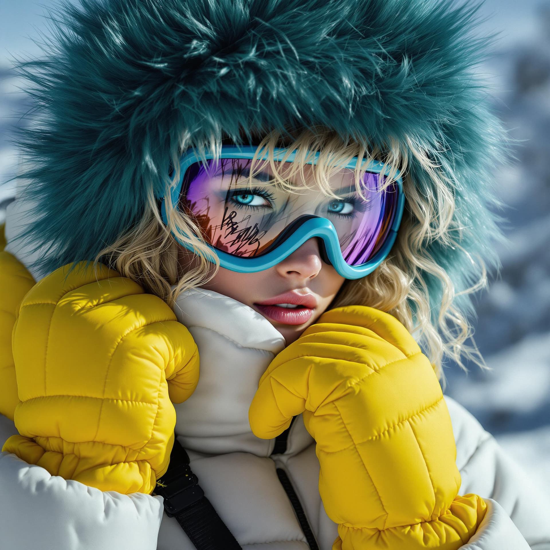 AI generated: [Edgy medium fashion photo] + [Model wearing a white puffer jacket with subtle quilting, oversized d...