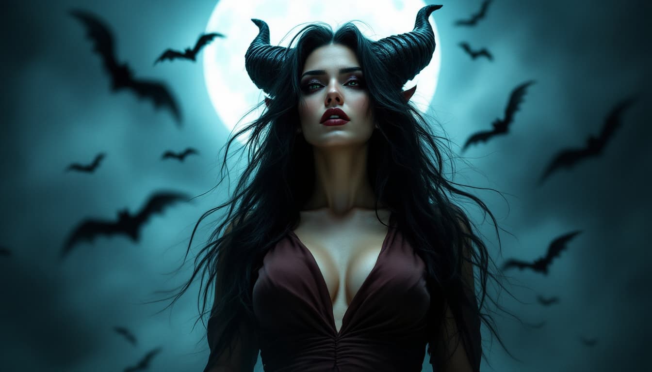 AI generated: a woman with long, dark hair and horns, wearing a brown dress, with a plunging neckline set against ...