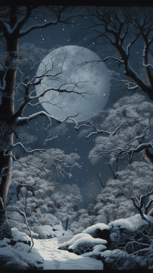 AI generated: A serene winter scene, with glistening snowflakes falling in the moonlight, in the style of an Audit...