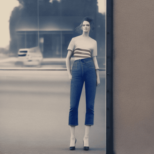 AI generated: a woman wearing a cropped top and jeans standing in front of the bus stop, in the style of Oleg Opri...