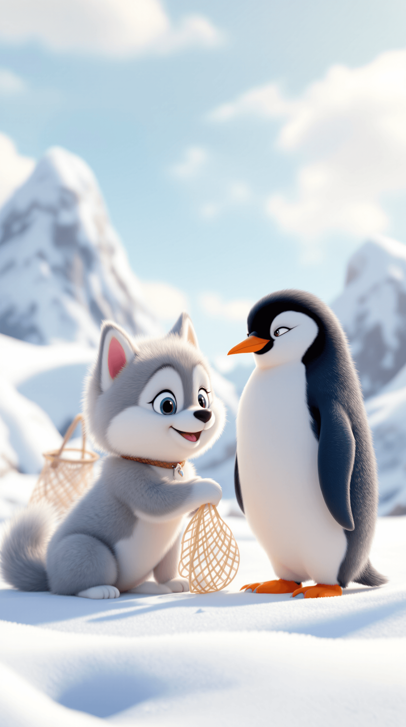 AI generated: A cartoon husky puppy and a cartoon penguin are depicted on a snowy landscape. The husky puppy, posi...
