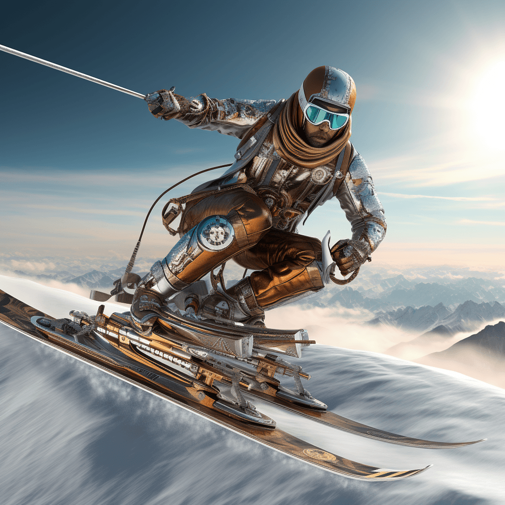 AI generated: Olympic skier from the future in skis flying low down a slope, in the style of steampunk, solarizing...