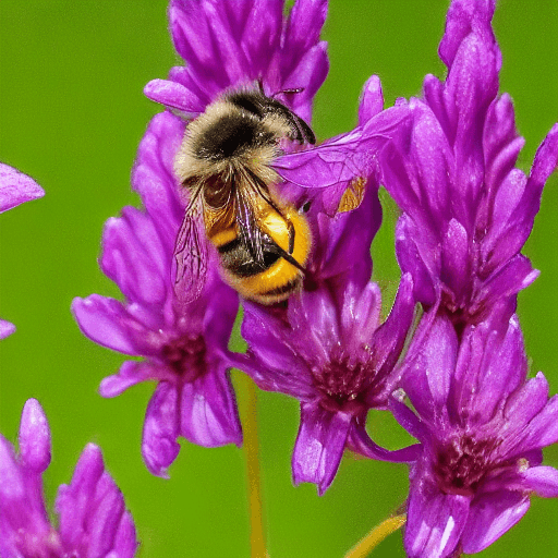 AI generated: A close-up of a purple bee pollinating a flower. The bee is covered in pollen, and its wings are bea...