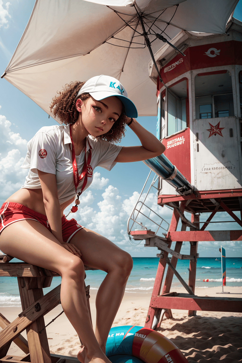 AI generated: 1girl, a girl as a lifeguard, sitting in the sun on a white lifeguard tower, plain white shirt, red ...