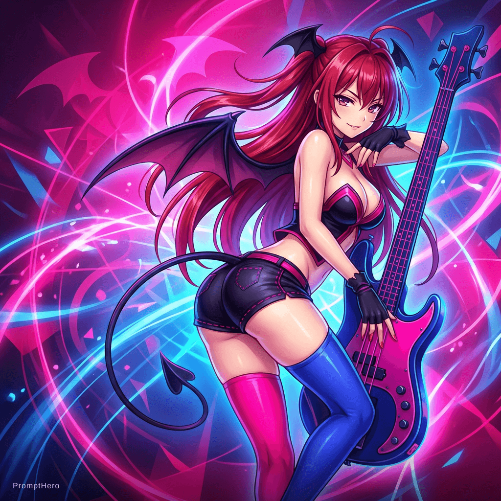 AI generated: Mio Naruse, succubus, large breast, vibrant hot pink and blue theme, seductive posing, limited cloth...