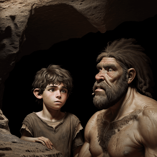 AI generated:  a young prehistoric boy looks at a very old prehistoric caveman in a prehistoric cave,  frontal vie...
