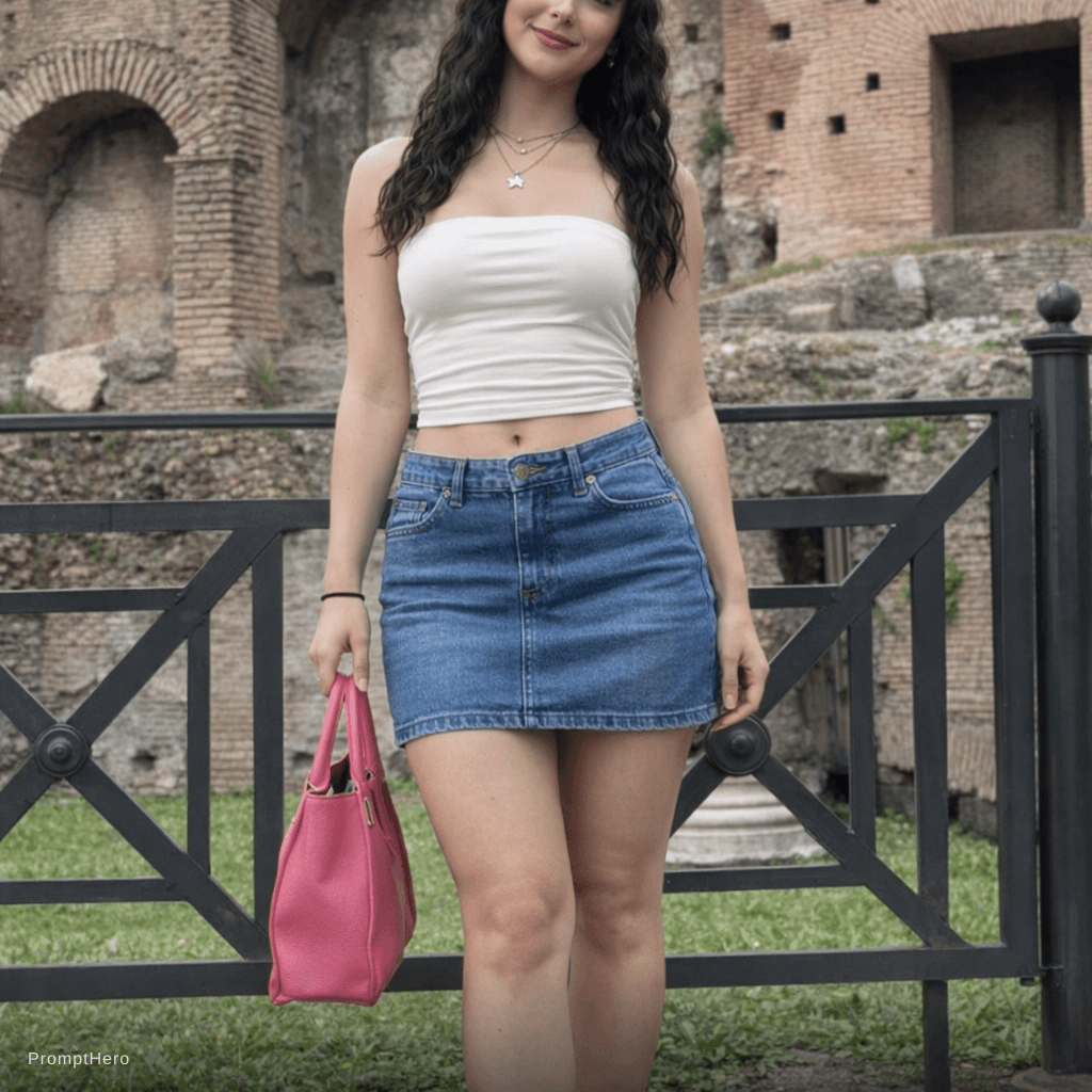 AI generated: A young woman with long, wavy dark hair, standing in front of ancient Roman ruins (Colosseum area), ...