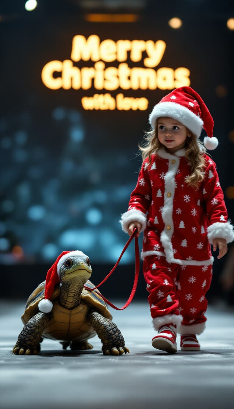 AI generated: A baby girl dressed in santa claus pajamas leads a pet manga turtle on a leash while walking at a Me...