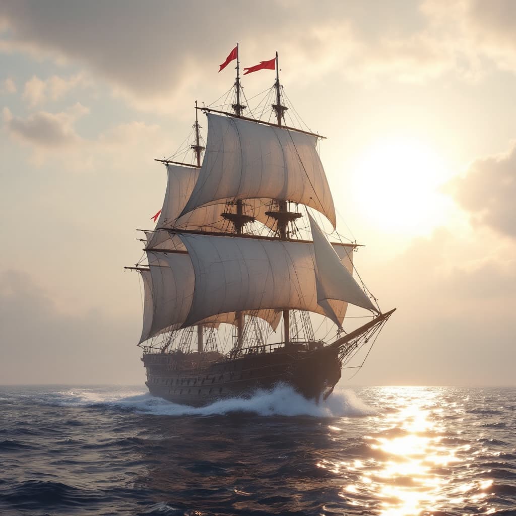 AI generated: Photo of a ultra realistic sailing ship, dramatic light, pale sunrise, cinematic lighting, battered,...