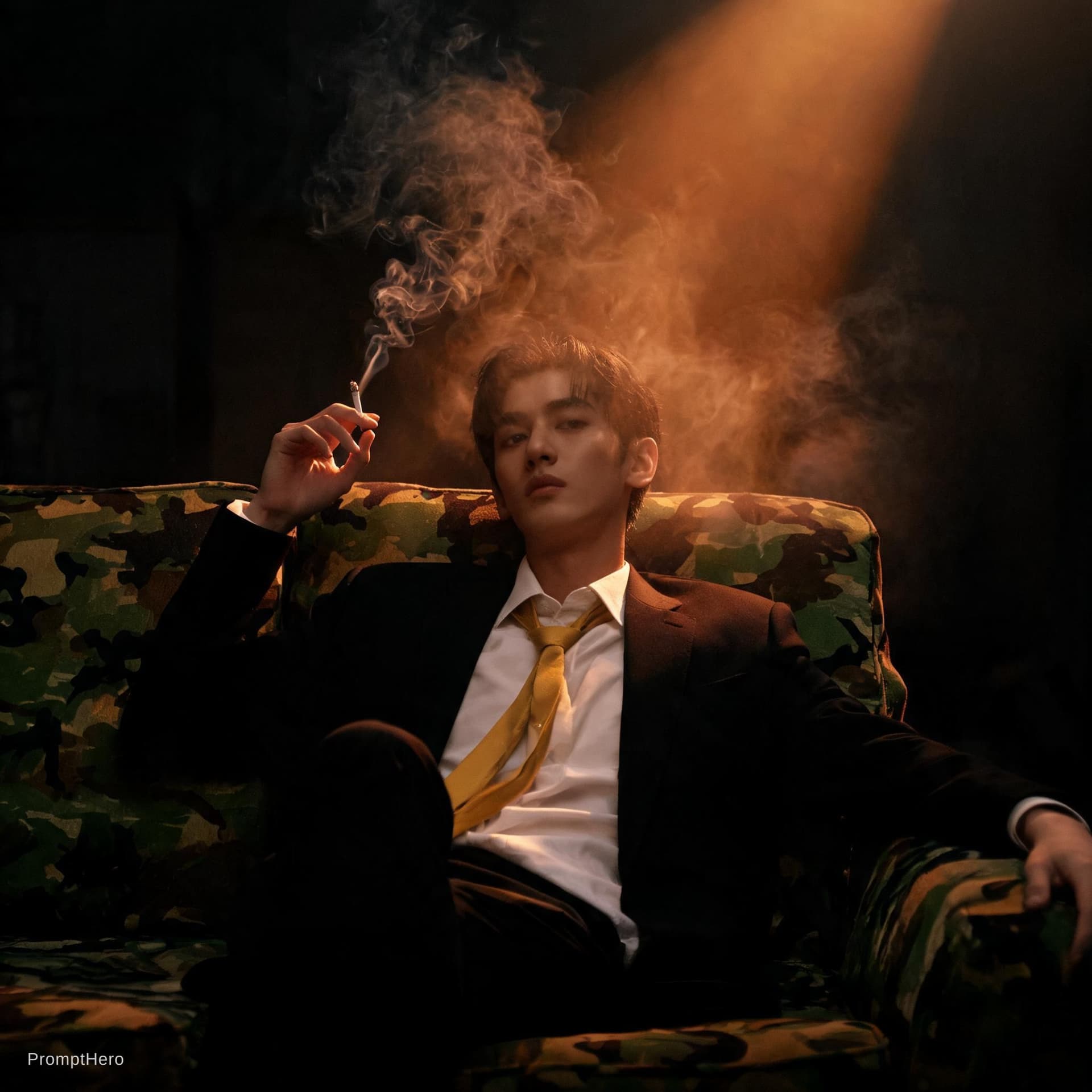 AI generated: photography, cover shoot, dimly lit room with a hazy atmosphere, capturing a professional male model...