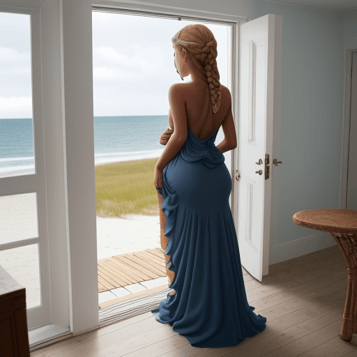 AI generated: The photo is taken in a beach house. The girl is standing near the door (we can see the beach at a d...