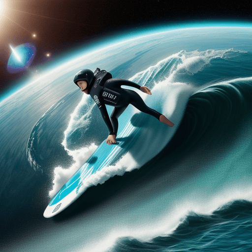AI generated: pronesurfer in space riding a wave. In the back you can see the earth prompts 