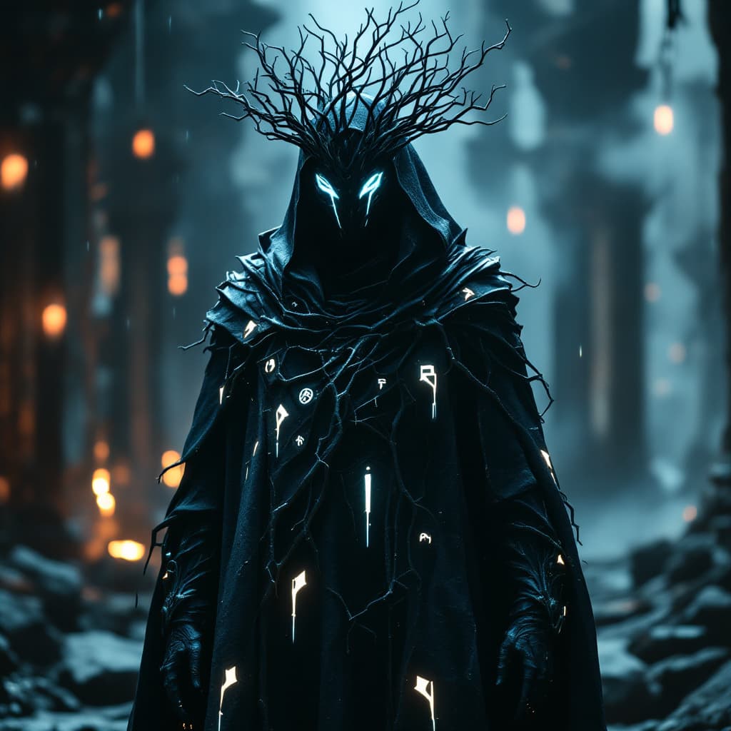 AI generated: An enigmatic figure cloaked in an intricate, dark metallic robe adorned with luminescent geometric r...