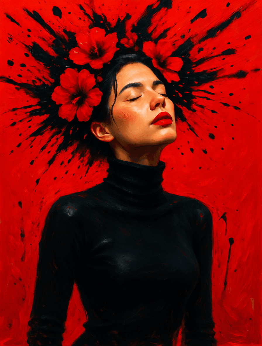 AI generated: The image depicts a person with their eyes closed, wearing a black turtleneck sweater. The backgroun...