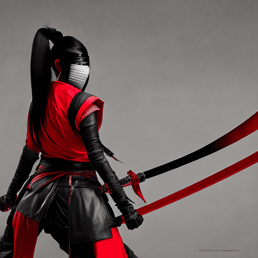 AI generated: Female shinobi looking back, shot from behind, masked, visible long black hair, with katana, dark pa...