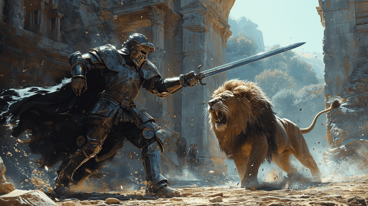 AI generated: Colosseum, white fitted knight, with a sword, in action swinging pose fighting against lion --ar 16:...