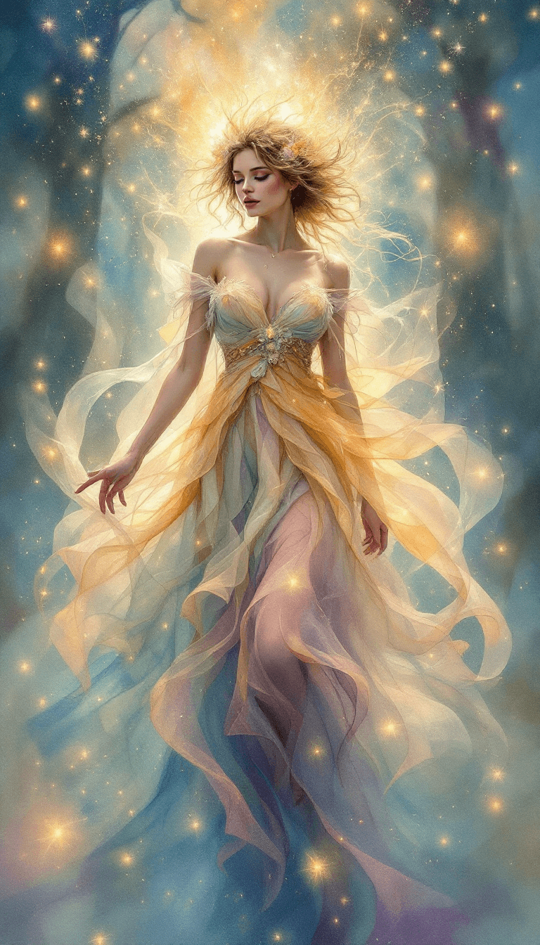 AI generated: A spectacular, large-scale painting of a radiant and ethereal woman adorned in whimsical, fairytale-...
