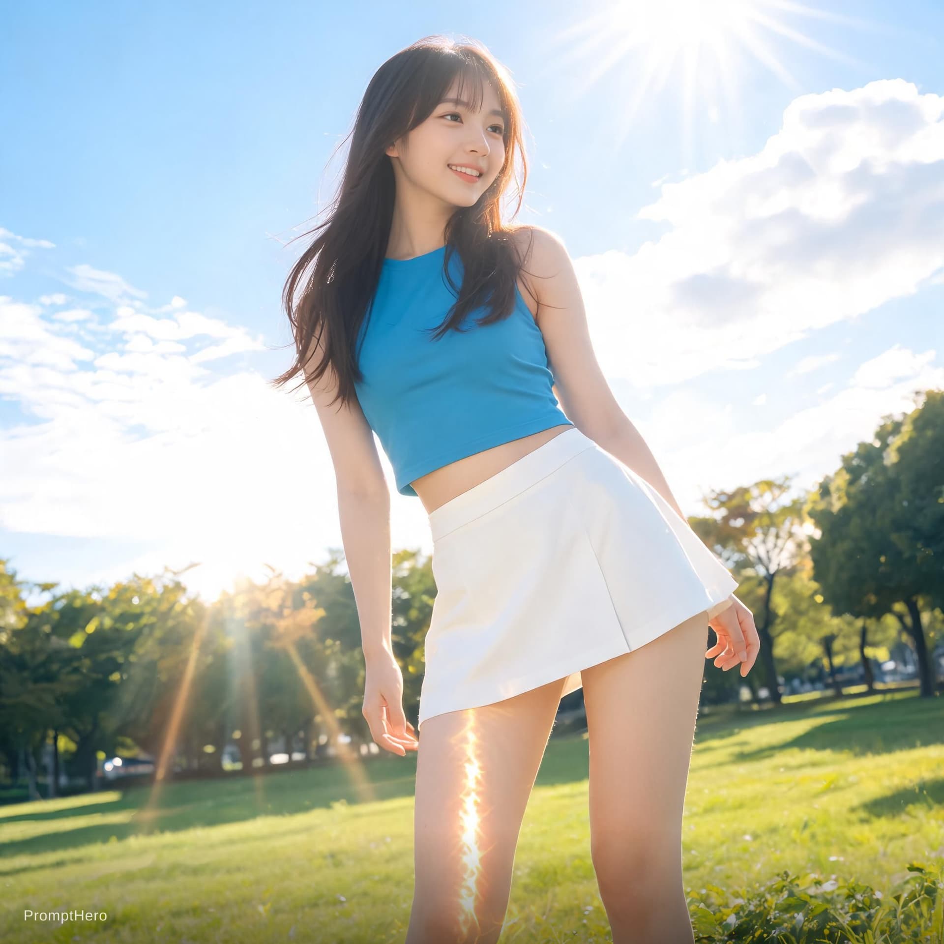 AI generated: Pretty Japanese girl in a blue crop top and white miniskirt, sunshine on her legs
