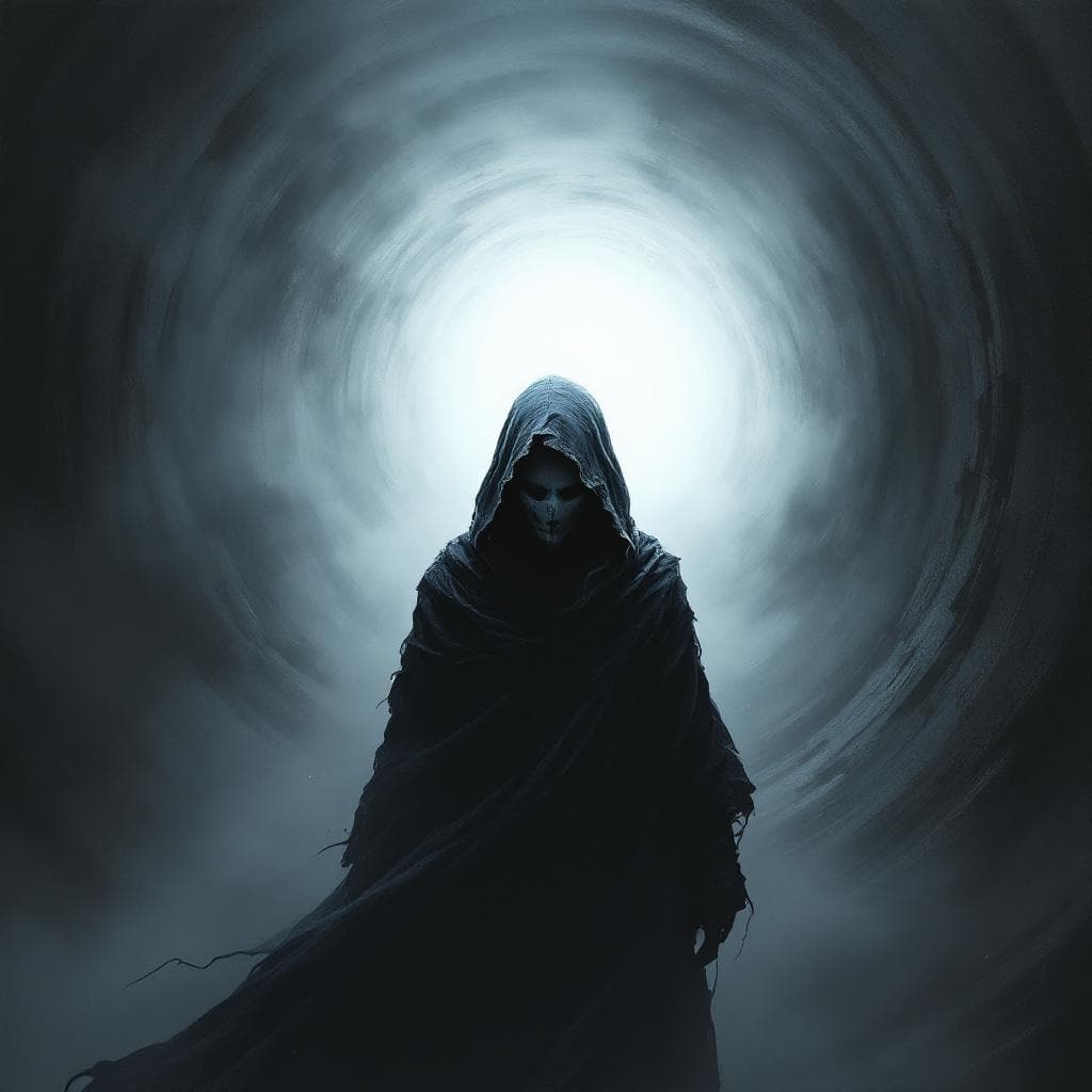 AI generated: a figure in a ragged, hooded cloak stands at the beginning - in the foreground-of a distant, circula...