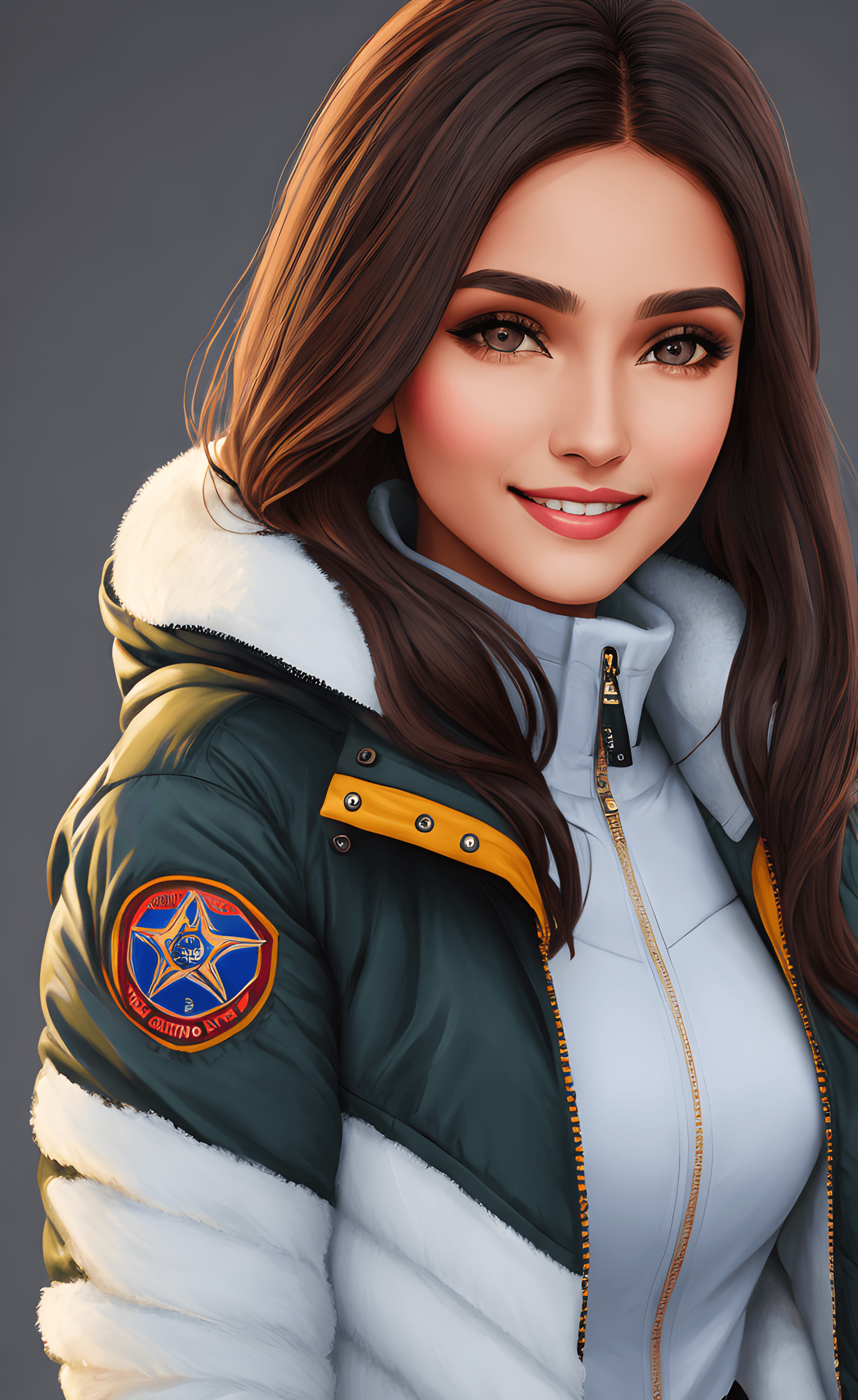 AI generated: A brown young girl smal skin sensuale smile young smal girl  petrol winter jacket, realistic paintin...