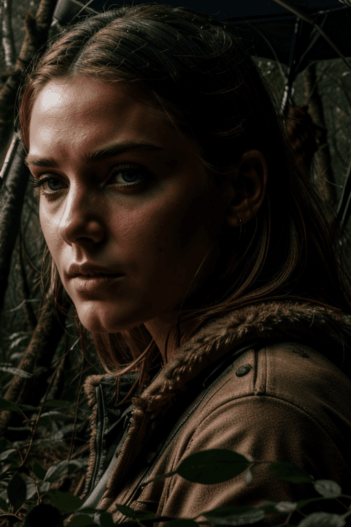 AI generated: (masterpiece:1.1), (8k:1.1) closeup, hyper-realistic, eliza taylor, post apocalyptic world, (forest:...