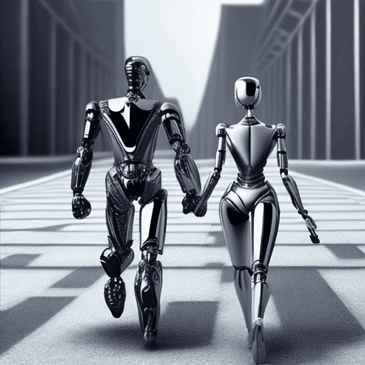 AI generated: hyper realistic robot black and white metalic color body , in future time walking with handsome huma...