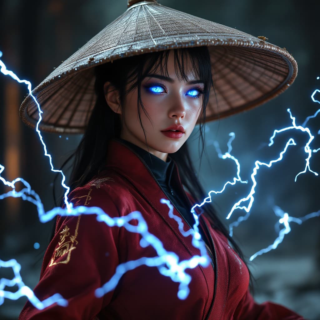 AI generated: Photo of a ultra realistic photo of raiden in mortal kombat, if he was a female, wearing the wide ch...