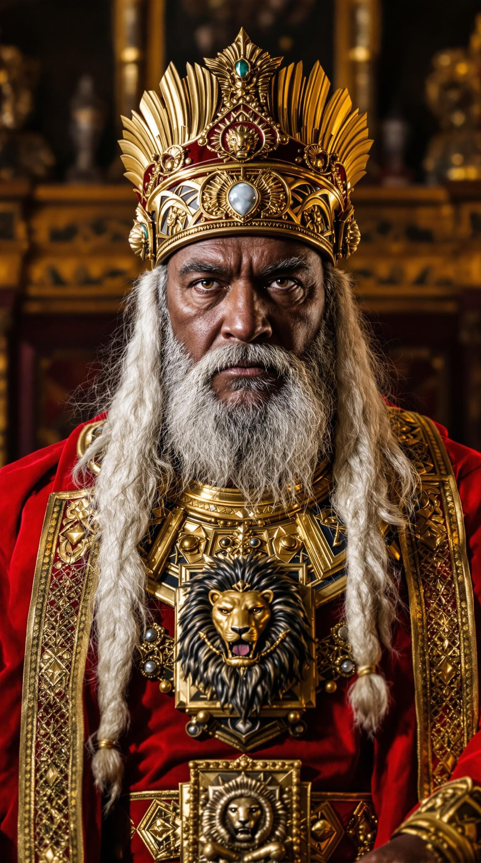 AI generated: A hyper-realistic portrait of a powerful tribal king inspired by Mufasa; older dignified man with wi...