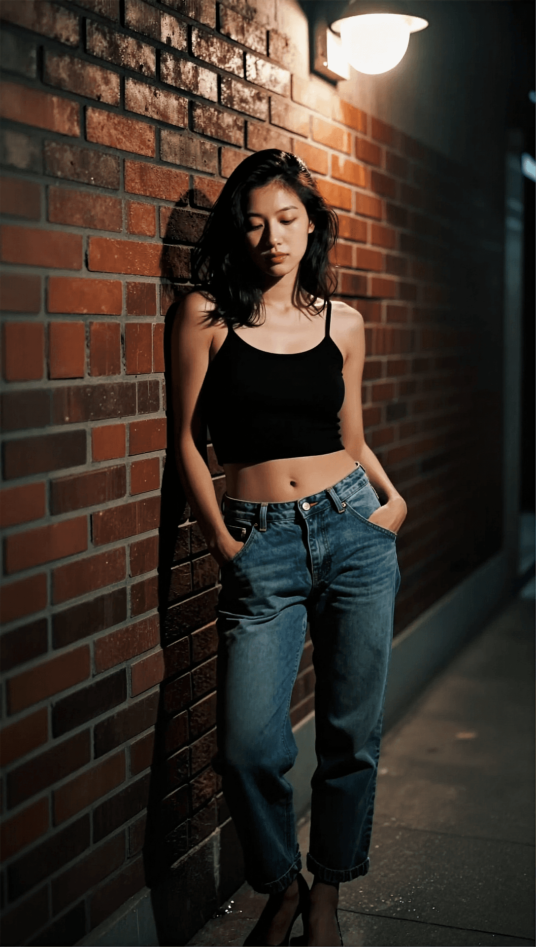 AI generated: A 35mm film photograph of a fit woman in a dimly lit alleyway. She is posing in a relaxed manner, le...