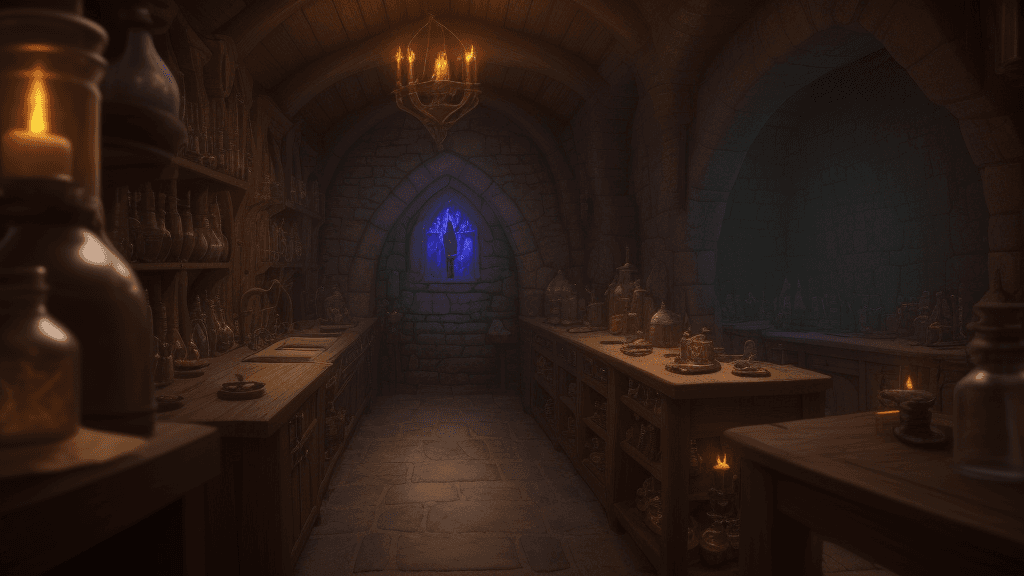 AI generated: "inside of wizard's Alchemist Workshop, (potions on the first set:1. 3), depth of field, medieval st...