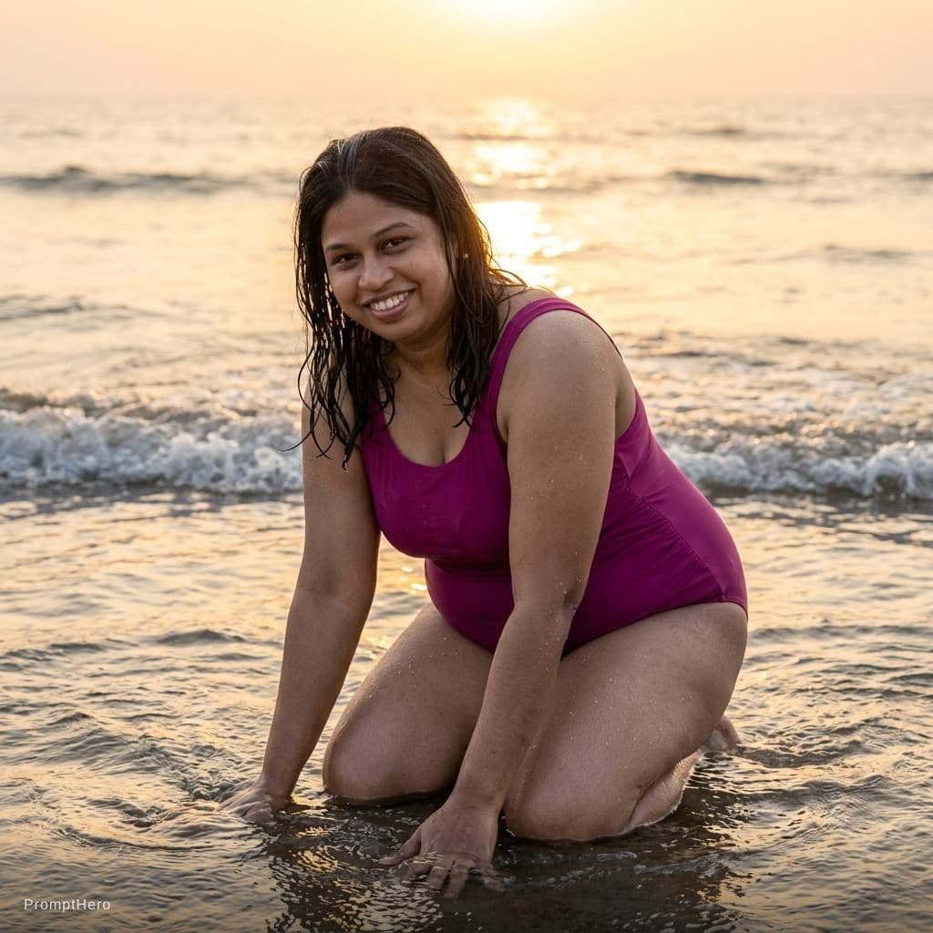 AI generated: A cinematic, photorealistic full-body portrait of a woman kneeling in shallow ocean water at golden ...