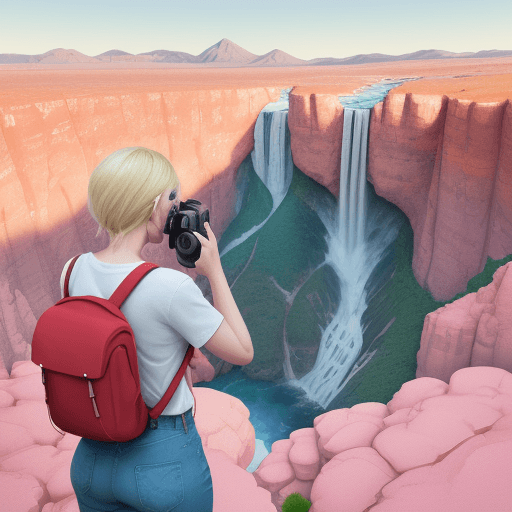 AI generated: A blonde woman takes pictures of the shapely man with her phone, while he stands on top of an endles...