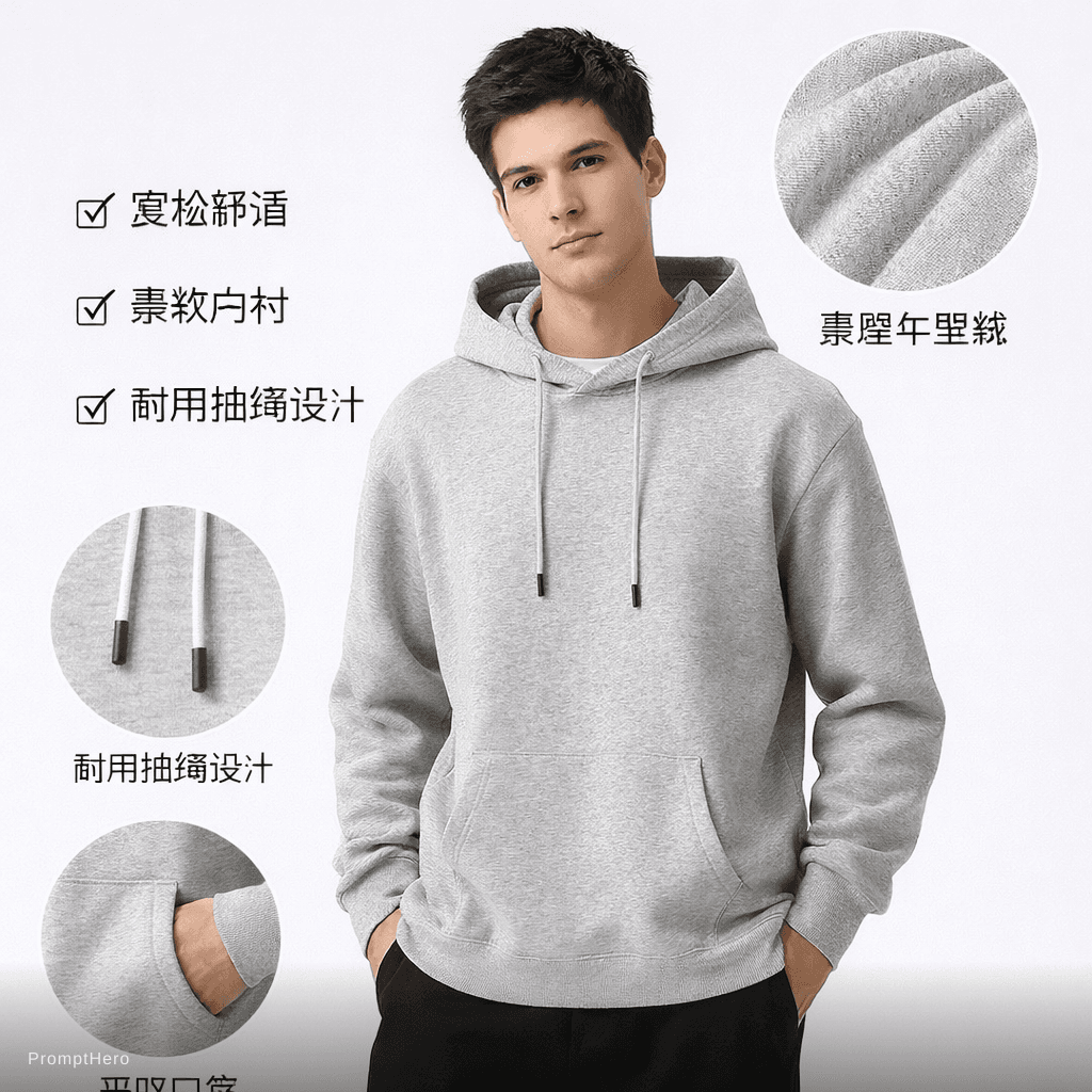 AI generated: 一个男模特穿着卫衣 在展示这个衣服的卖点
