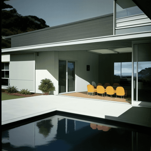 AI generated: Hyper realistic eye level exterior photo of a mid century modern style house overlooking the ocean, ...
