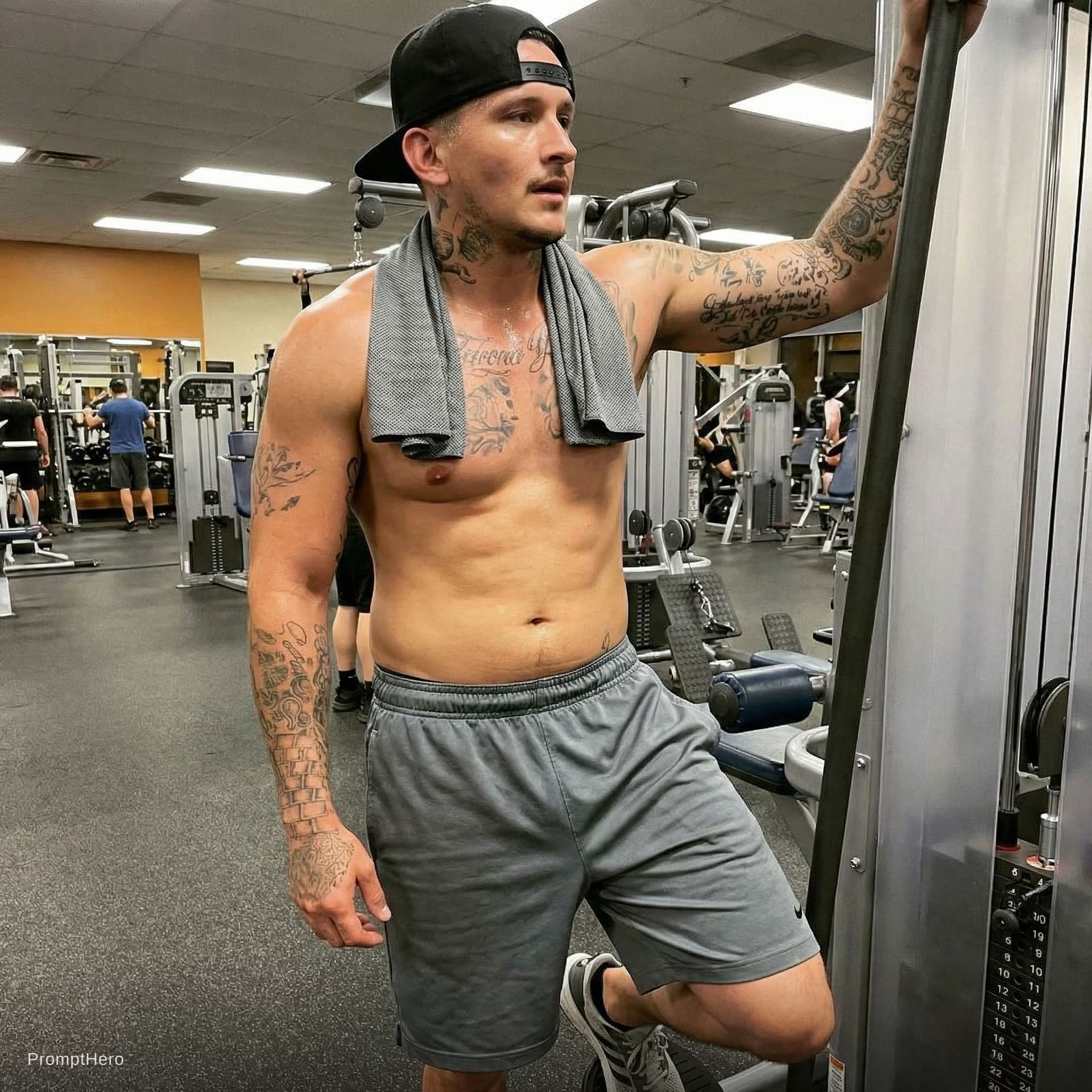 AI generated: man at the gym with towel around neck, gym clothes and sneakers, no shirt decent muscle tone with ta...
