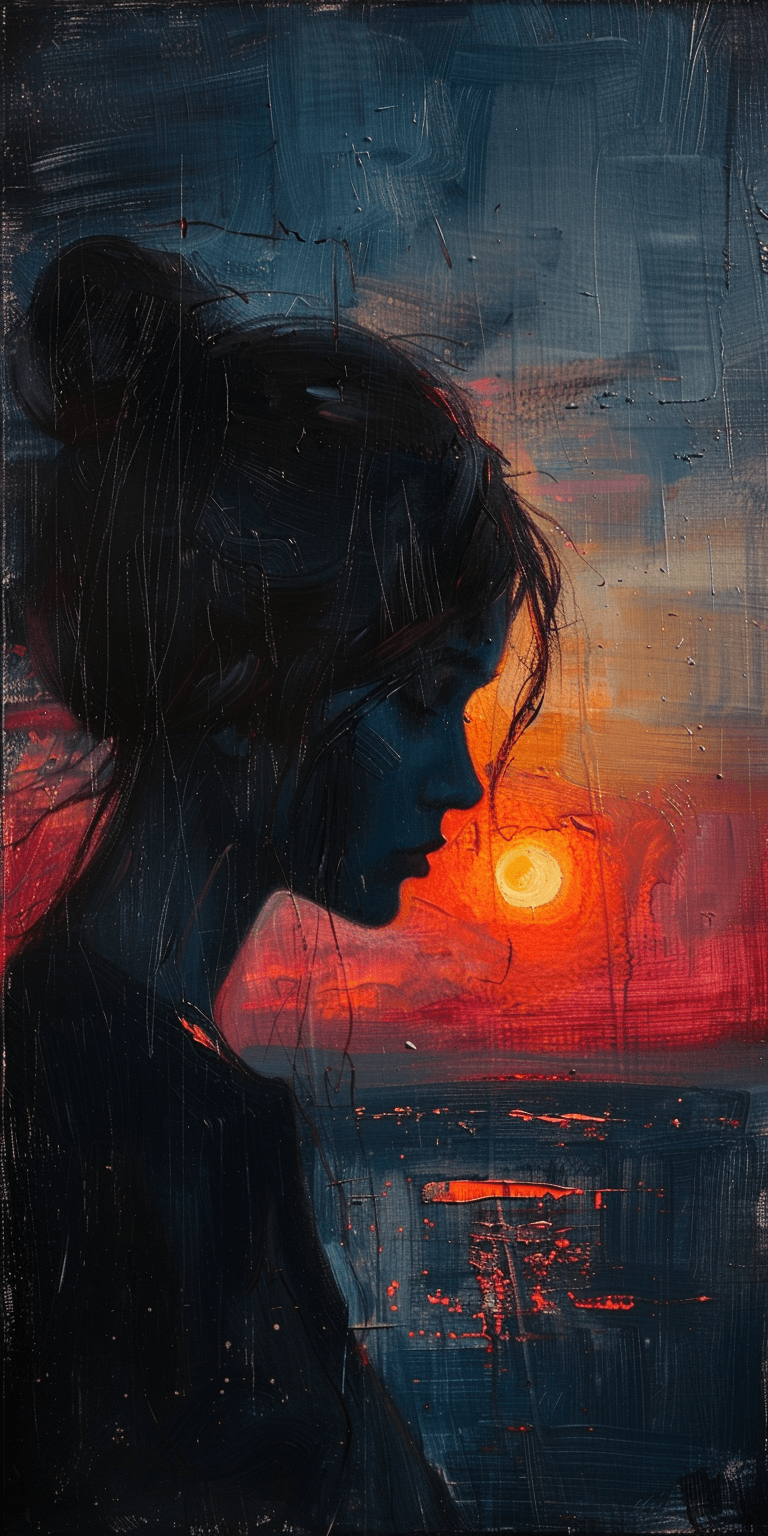 AI generated: Impressionist painting, woman at sunset, 25-30 year old, delicate features, in the style of Monet, d...