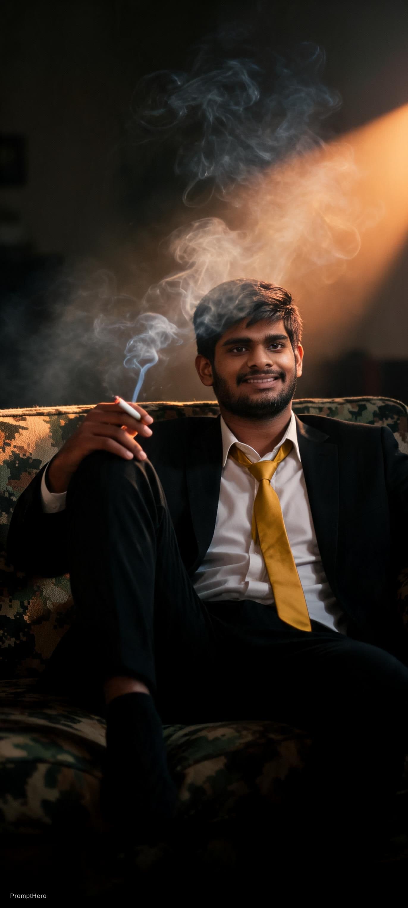 AI generated: photography, cover shoot, dimly lit room with a hazy atmosphere, capturing a professional male model...