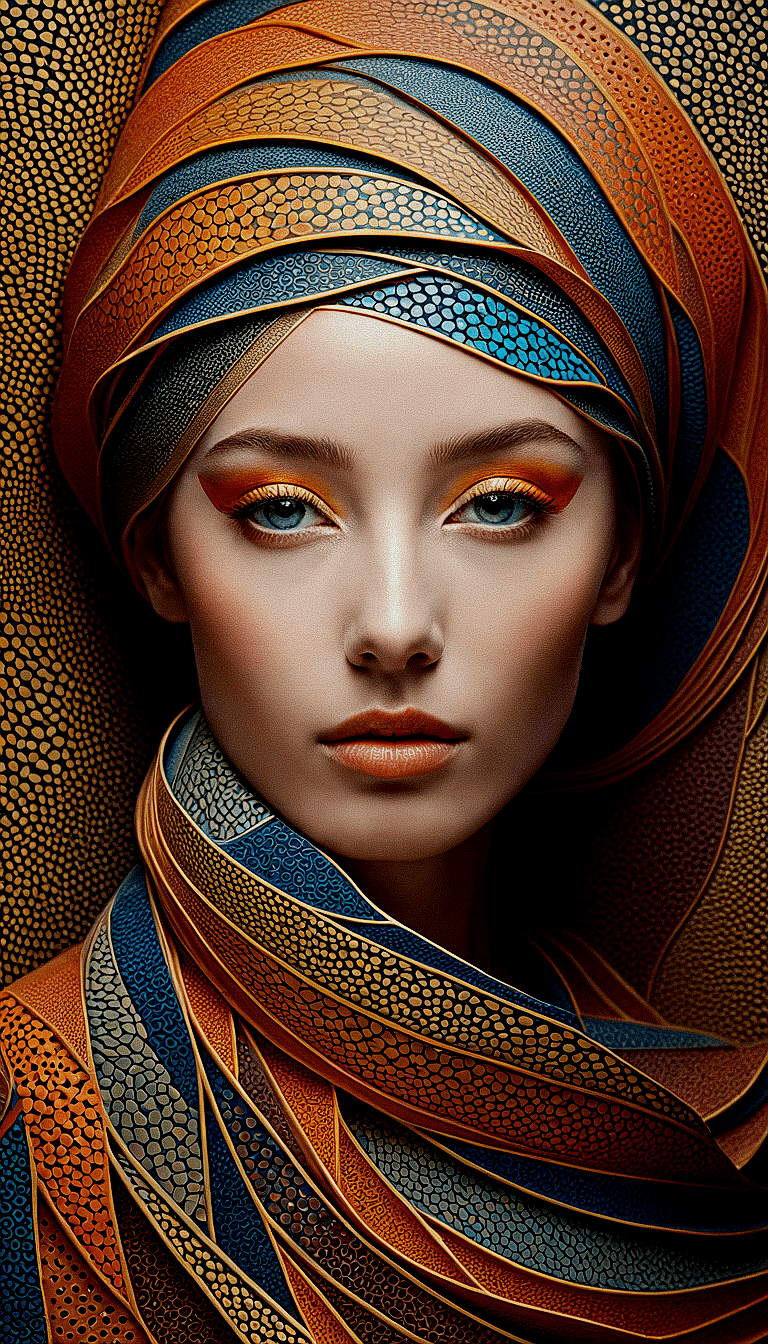 AI generated: Create a hyper-realistic portrait of a woman with a detailed headscarf in a scaly pattern, featuring...