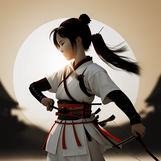 AI generated: Samurai Archer Girl Silhouette. The sun is behind her in a beautiful Landscape. white black red gold...